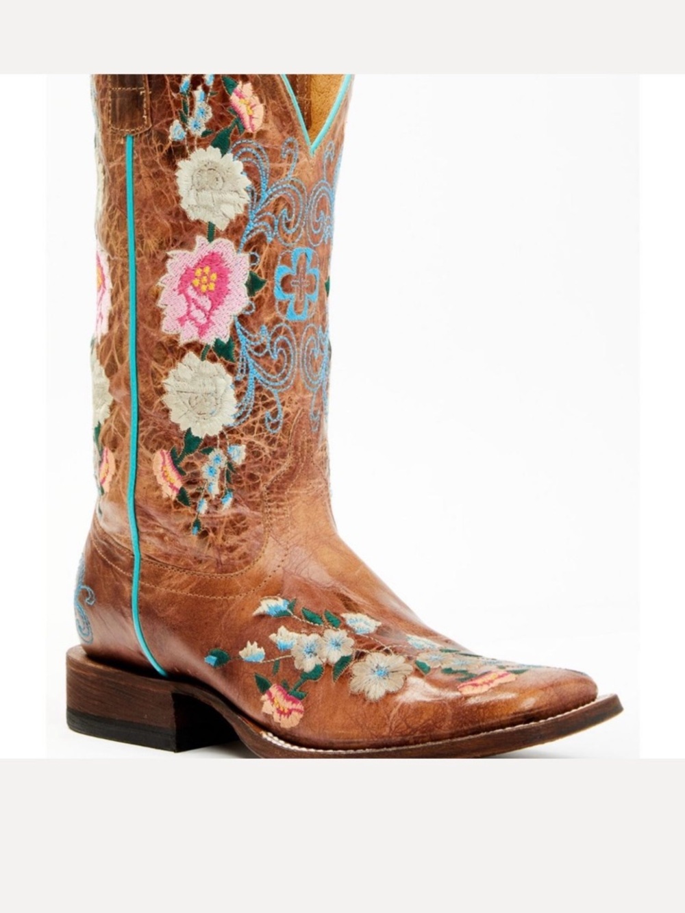 Macie Bean Embroidered Brown Leather Cowboy Boots with Pink & Turquoise Flowers